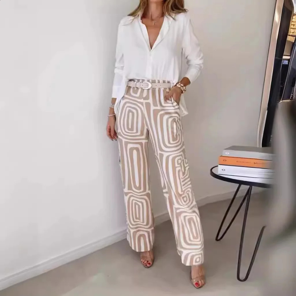 2024 Casual Suit Womens White Shirt Loose Digital Printed Pants Twopiece Sets For Women Outfits 240816