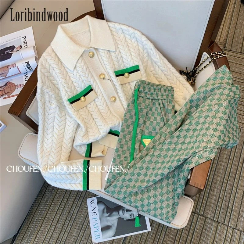 French Suit for Women Autumn High Fashion Cardigan Top Wide-leg Pants Two-piece Set conjunto femenino 240815