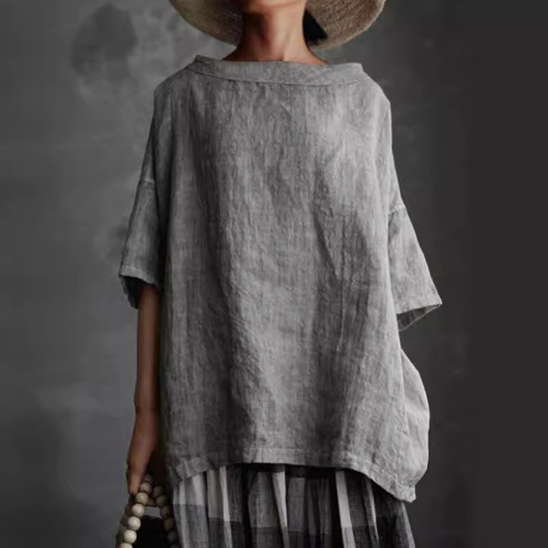 2021 Summer New Top Woven Round Neck Cotton Linen Style Solid Color Loose Women's T-shirt