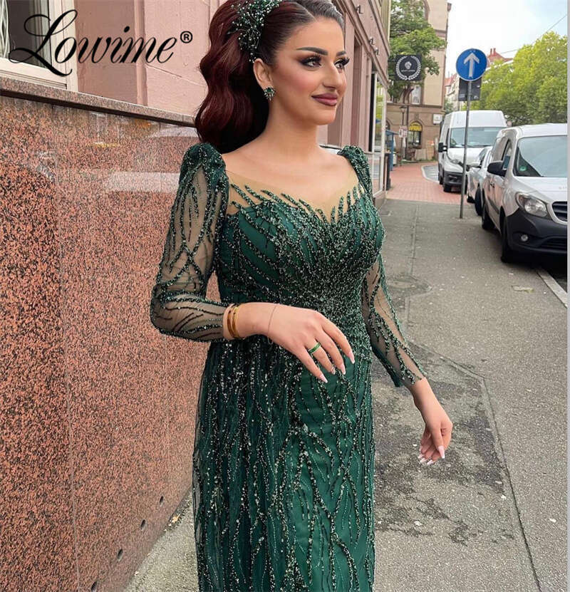 Green Evening Dress With Detachable Train Women Arabic Long Sleeve Mermaid Party Gowns Abendkleider Plus Size Beads Prom Dresses 0227Lz