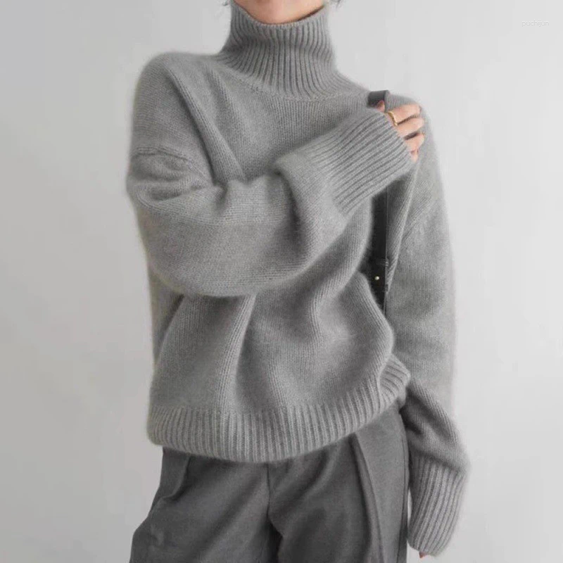 Women's Sweaters Cashmere Knitted Sweater For Women Elegant High Collar Turtle Neck Loose Thicken Warm Solid Color Knitwear Jumper