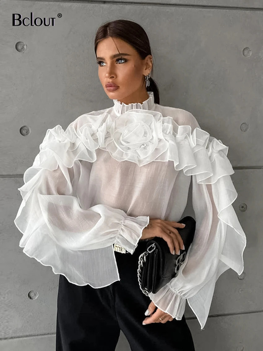 Bclout Elegant Ruffled Red Shirts Blouses For Women 2024 Fashion Flowers Long Sleeve Loose Shirts Spring Party Stand Collar Tops 240814