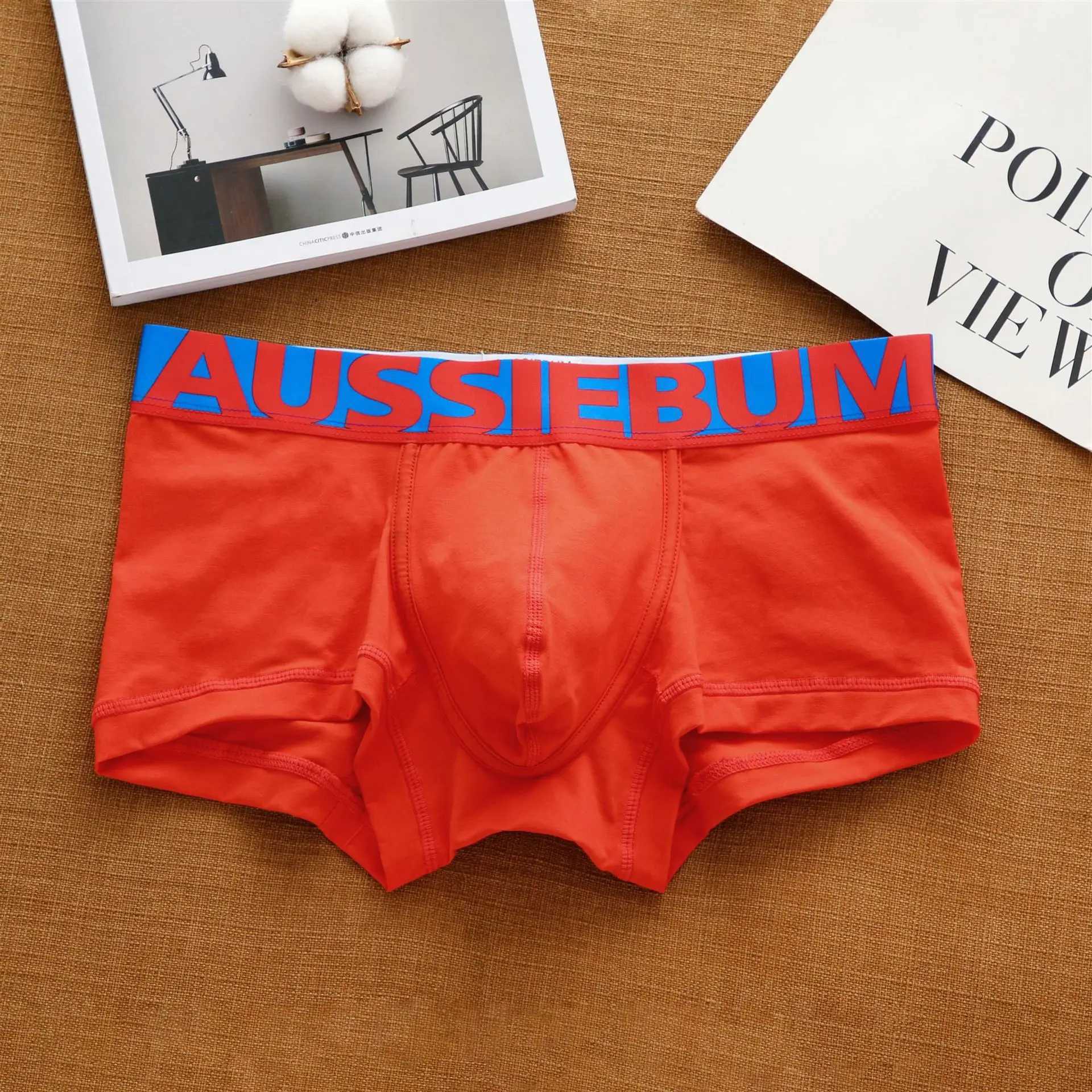 Aussiegum mens pure cotton underwear with low waisted letters for fashionable and comfortable sweat-absorbing boxer shortsXJ240815