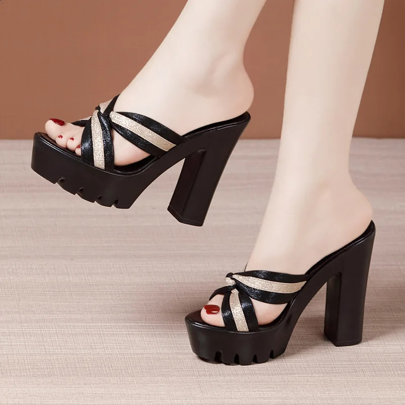 13cm Extreme Block High Heels Sandals Stripe Leather Slippers Summer Womens Chunky Platform Slides Office Model 32-43 240815