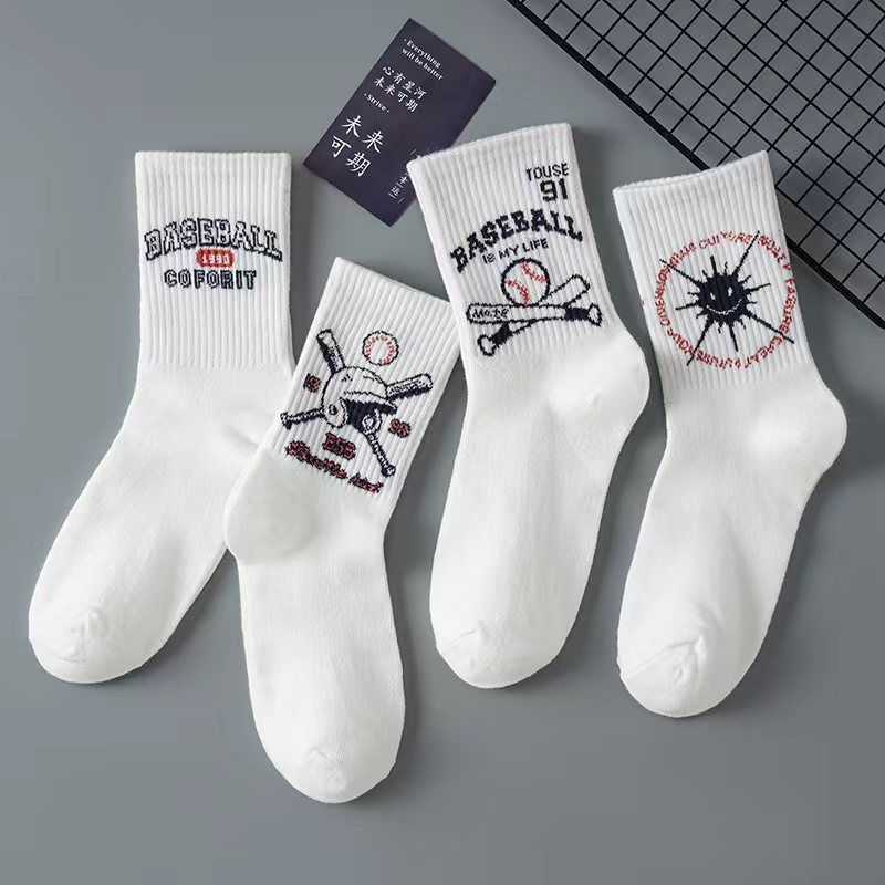White socks men's mid tube ins trendy versatile anti odor cotton socks baseball socks men's basketball autumn and winter long socks