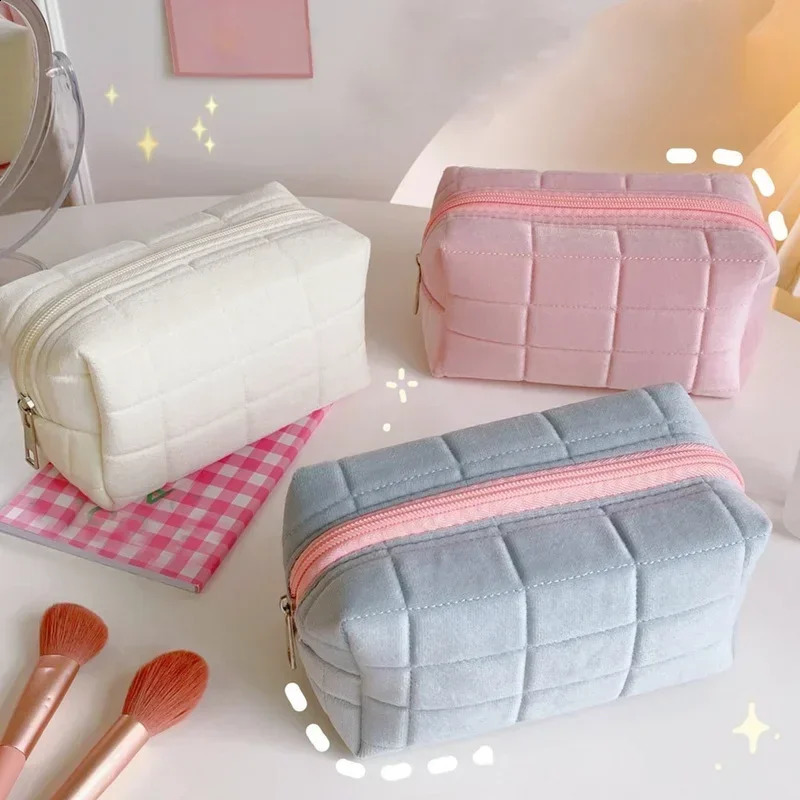 Cute Plush Women Lipstick Korean Student Pencil Case Travel Makeup Brushes Cosmetic Organizer Bag