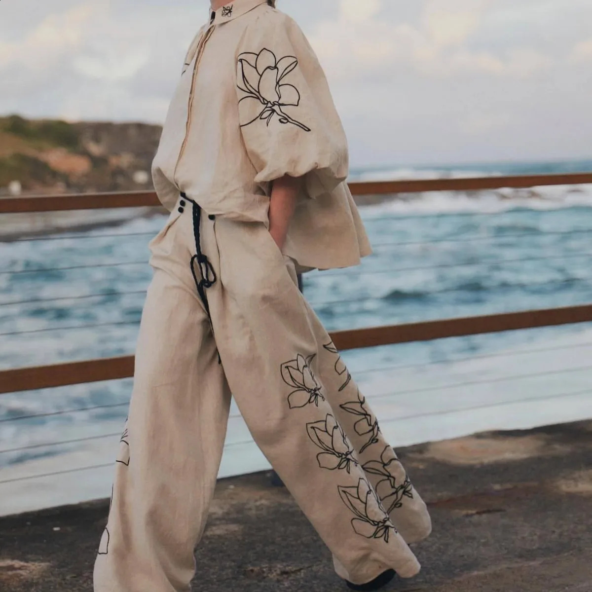 Cotton Linen Women Elegant Two Piece Set Loose Long Sleeve Printed Shirt and High Waist Wide Leg Pants Casual Womens Outfits 240816