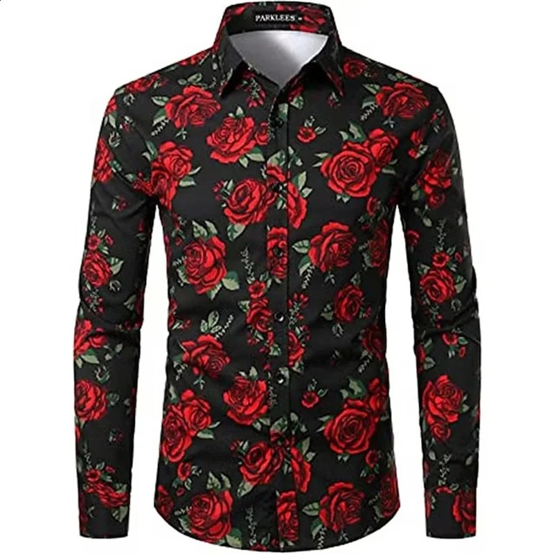 Mens Shirts Long Sleeve 3D Flowers Print Lapel Button Summer Clothes For Men Up Top Prom Birthday Fashion Boyfriend Shirts 240816