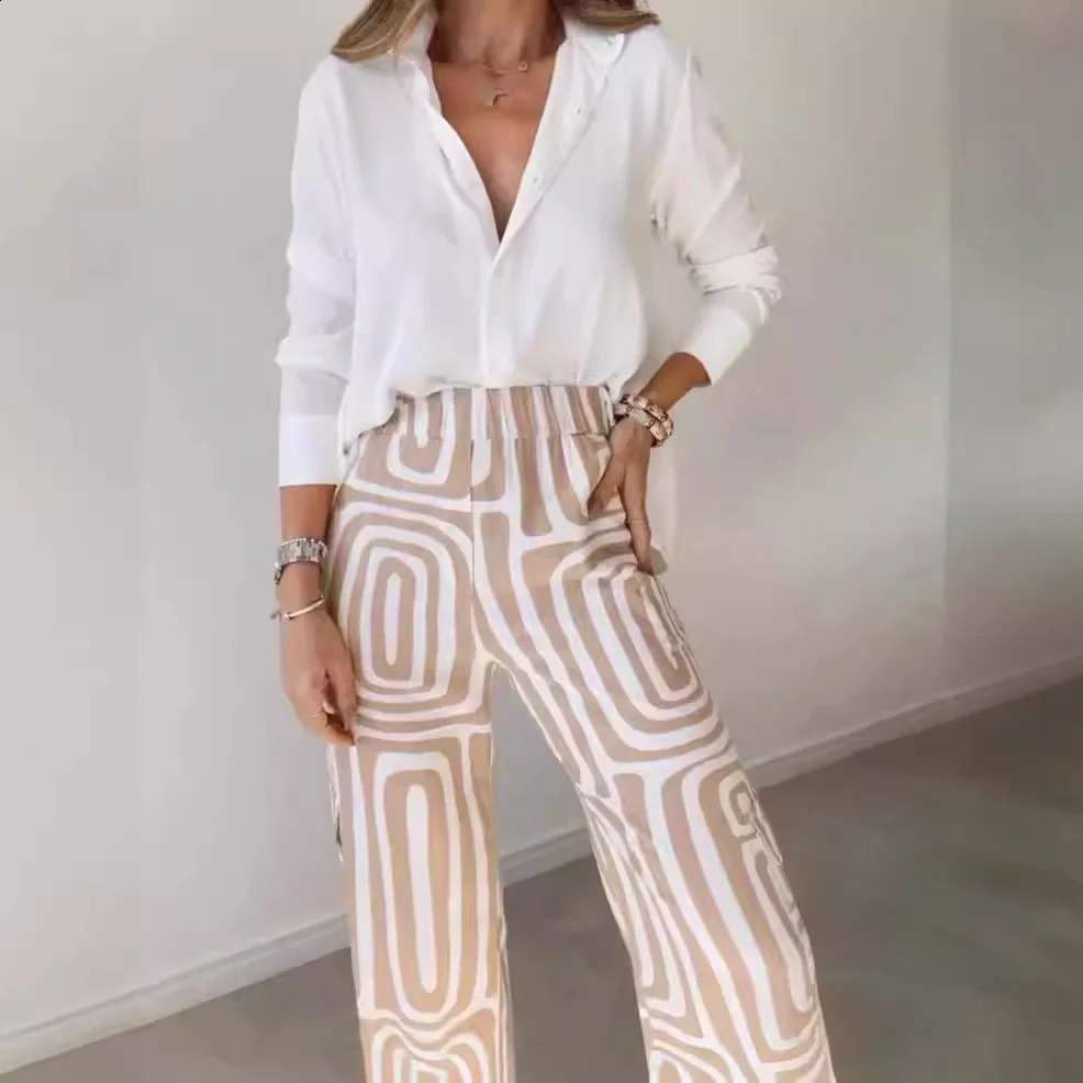 2024 Casual Suit Womens White Shirt Loose Digital Printed Pants Twopiece Sets For Women Outfits 240816
