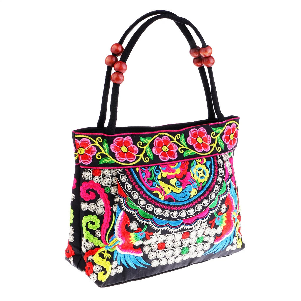 Flower Embroidered Travel Shoulder Bag - Bohemian Double sided Embroidered Flower Canvas Bag 240816