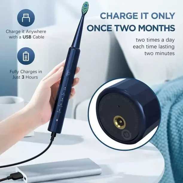 SEJOY Sonic Electric Toothbrush Teeth Whitening Vibration 5 Modes 8 Replacement Brush Heads USB RechargeableM240816