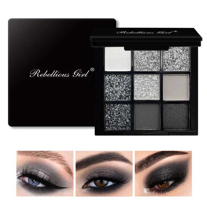 9-color smoke matte glitter eye shadow palette punk shimmer eye shadow cosmetics cool color gray black eye pigment paletteW241212