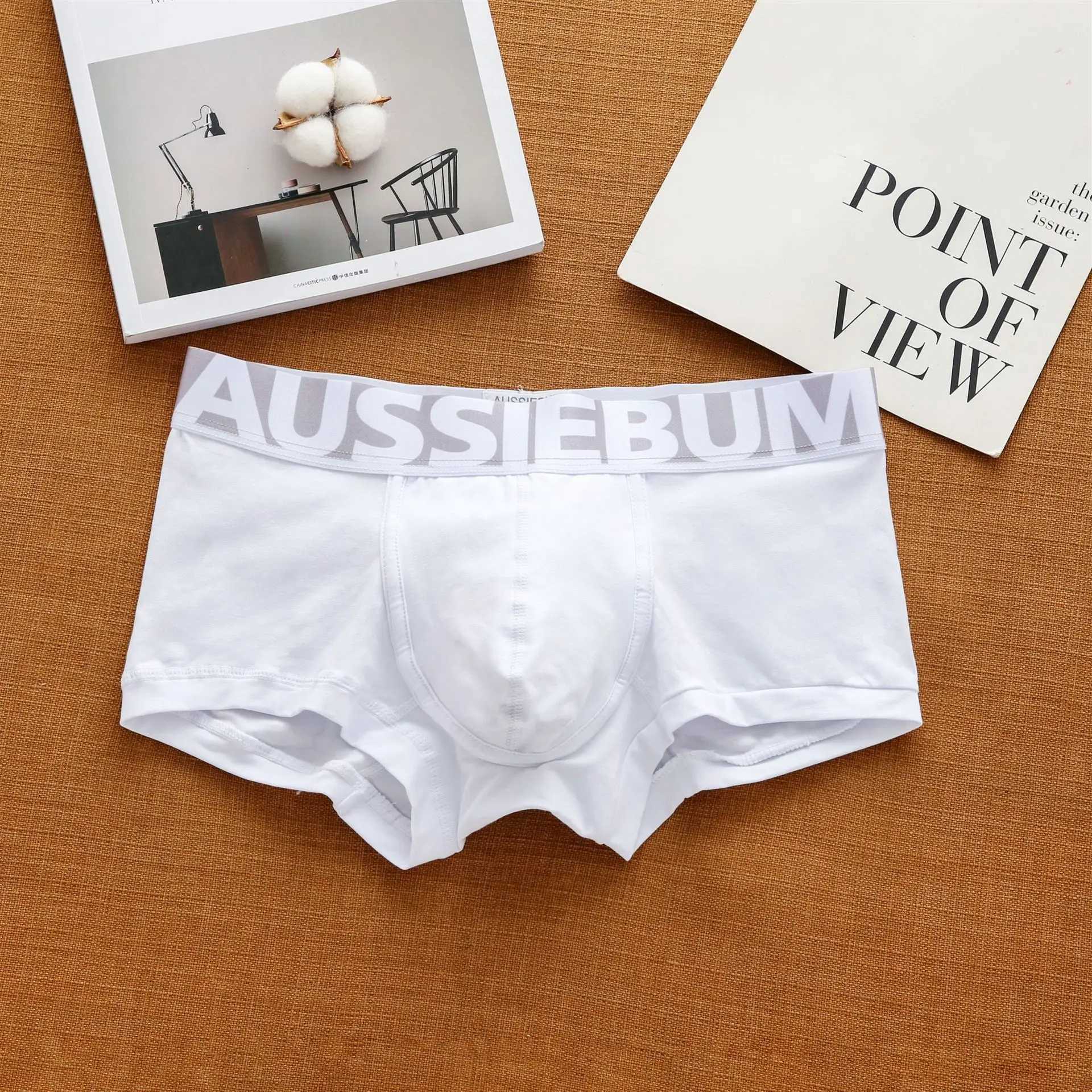 Aussiegum mens pure cotton underwear with low waisted letters for fashionable and comfortable sweat-absorbing boxer shortsXJ240815