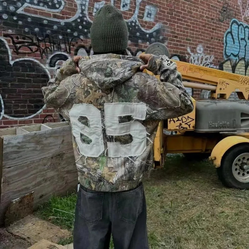 American style trendy letter embroidery camouflage pattern oversized hoodie mens Y2K street Harajuku loose zipper sweatshirt 240815