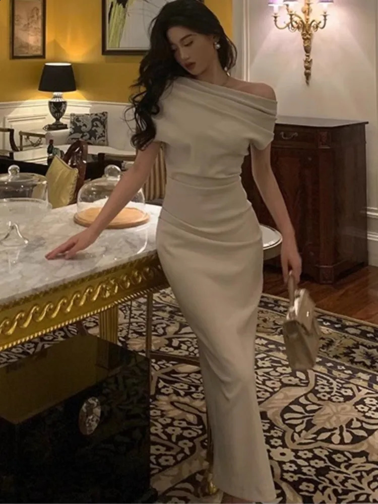 Elegant Off Shoulder Evening Party Dresses for Women Summer Fashion Slim Solid Vestidos Korean Prom Robe Female Clothing 240816