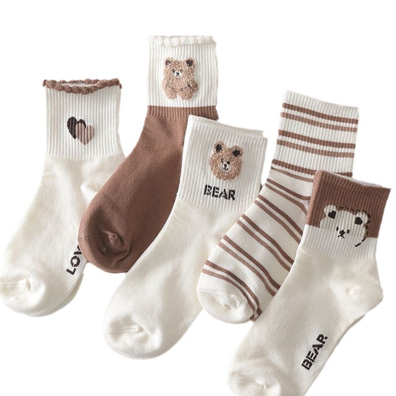 Coffee colored teddy bear socks children's mid tube ins trendy Korean version cotton socks Japanese cute student sports autumn and winter long so