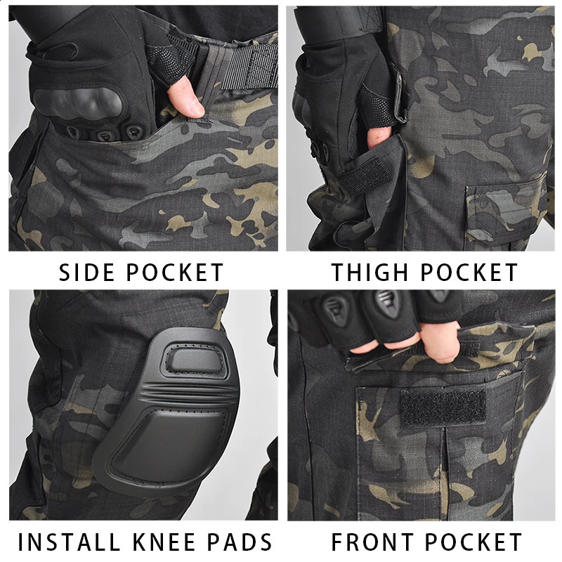 HAN WILD Men Airsoft Tactical Pant Combat Pants with Pads Camo Trousers Softair Cargo Paintball Hiking Climbing Clothes 240815