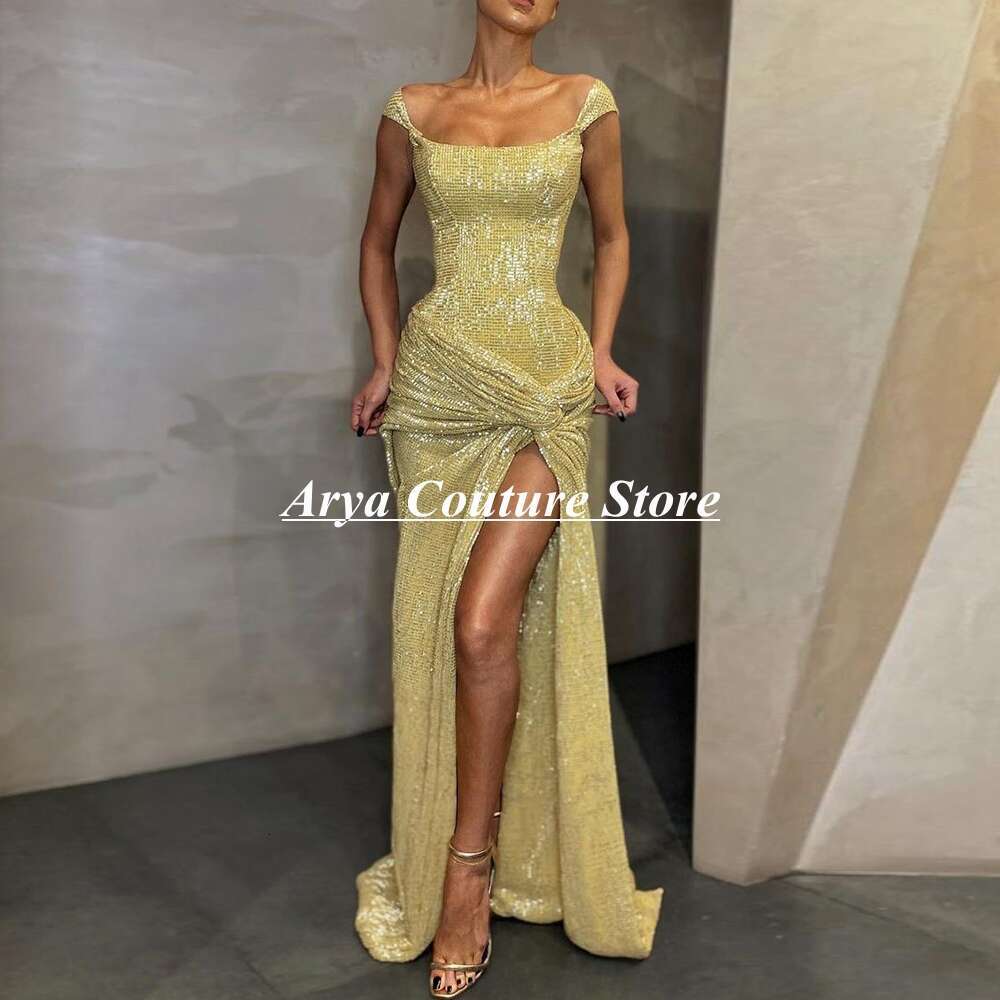 Fashion Yellow Sequin Formal Evening Dress Square Collar Pleat Mermaid or Length High Slit Vestidos De Noche With Sweep Train
