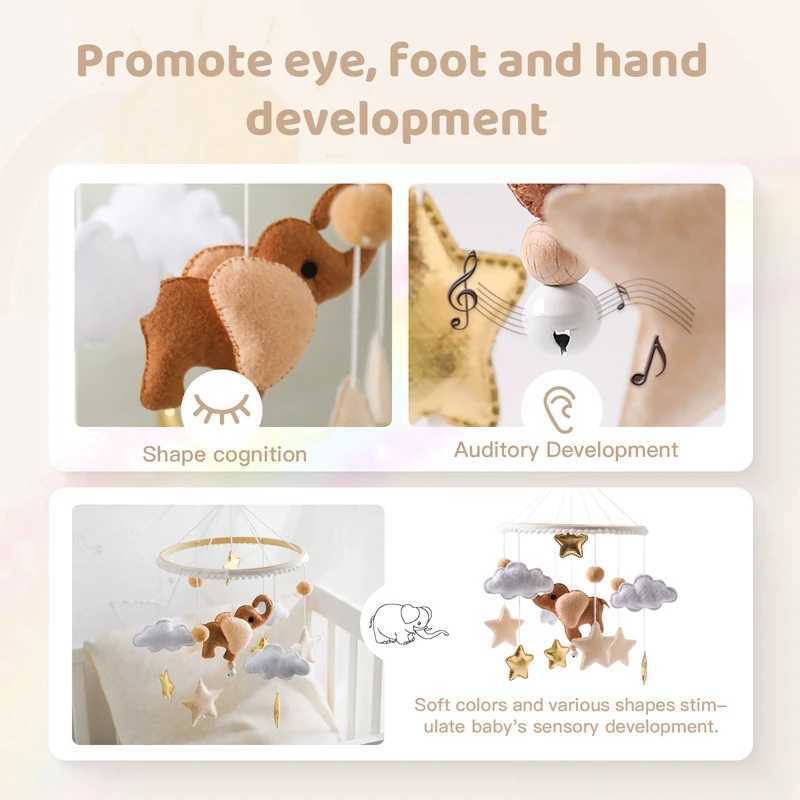 Lets make a wooden baby rattlesnake cartoon elephant cloud moon soft felt hammock Bell mobile Flat noodles Montessori educational toys W240815
