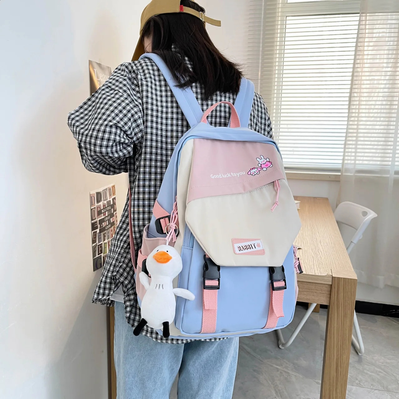School bag womens Korean style simple high school student trend fashion school bag backpack trend gift duck pendant 240816