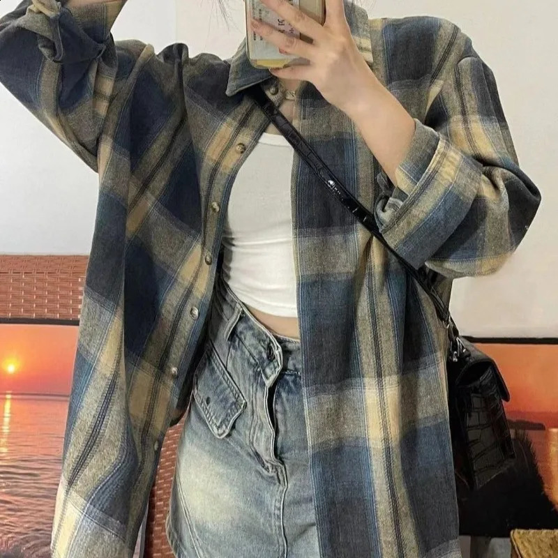 Vintage Plaid Y2k Shirt Women Haruku Korean Fashion Streetwear B4