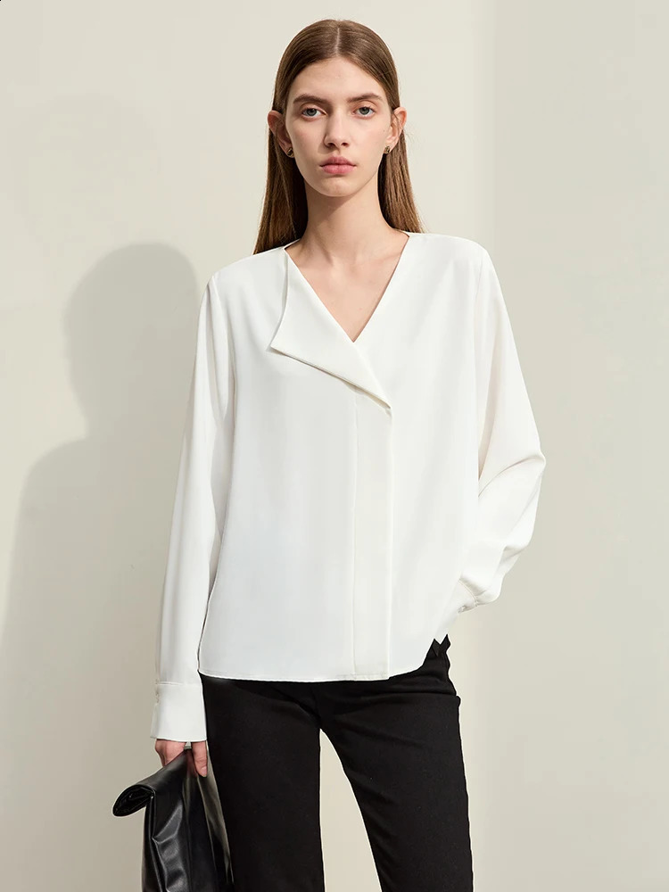Amii Minimalism Spring Chiffon Womens Shirt Office Temperature Asymmetric Vneck Loose 12451028 240814