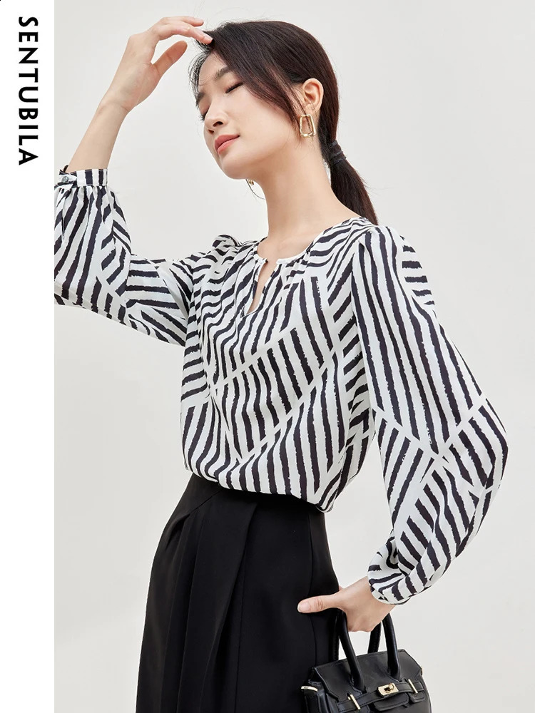 SENTUBILA Womens Elegant Printed Chiffon Top and Fashion Comparison Striped Round Neck Puff Sleeves Loose Autumn Shirt 240814
