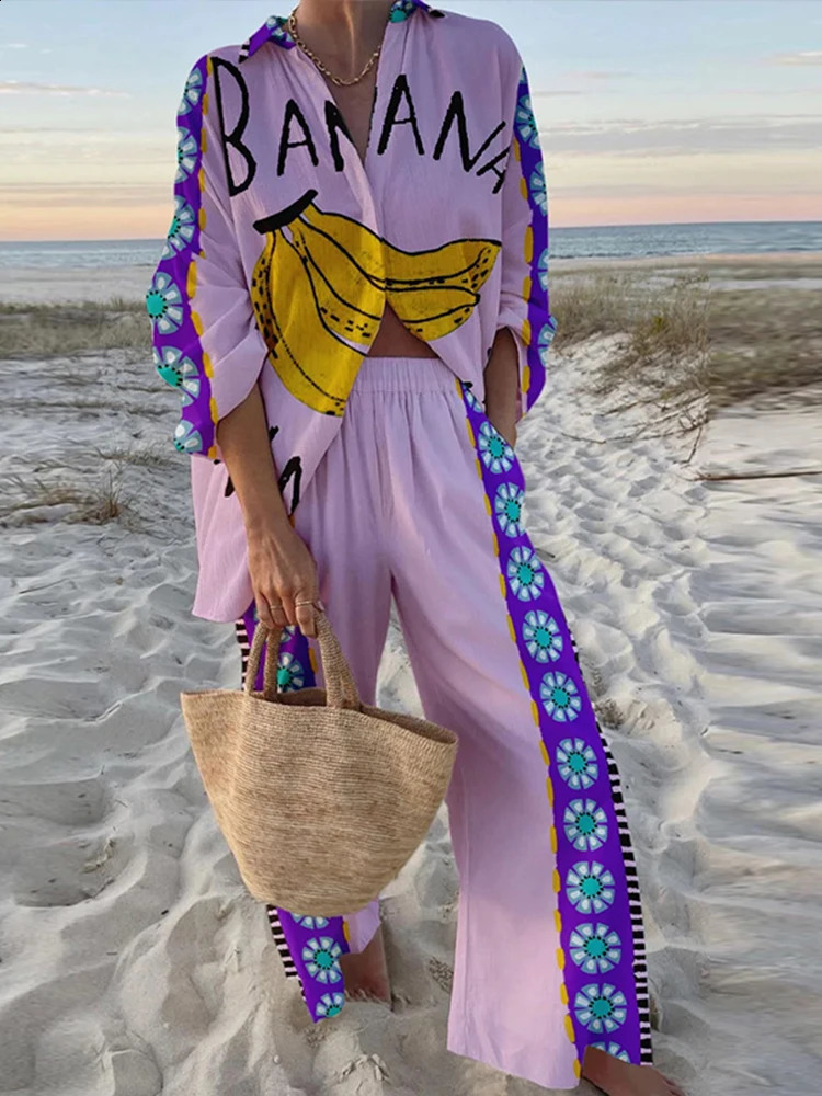 Printed Shirt Pant Set Women Fashion Matching Sets Loose Full Sleeve Lapel 2024 Summer Lady Beach Holiday Two-Piece Outfits 240805