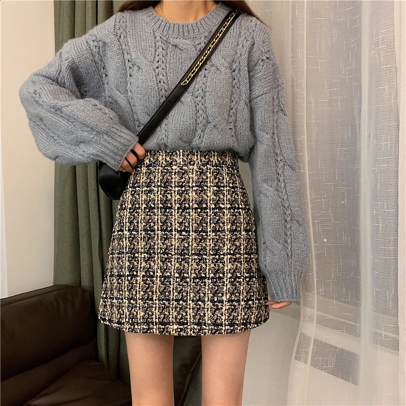 Fall Winter Plaid Wool Skirt Womens Large Size Thick Wool Shining Mini Coarse Floral Skirt Saia Feminina 240815