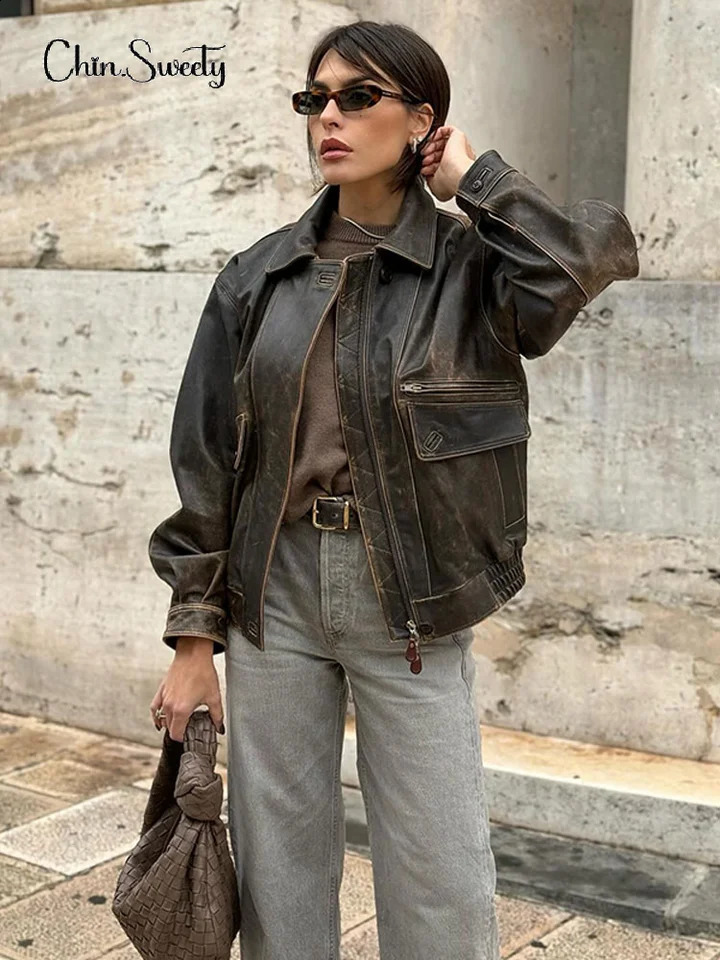 2024 Autumn Fading Effect Bomber Jacket Womens Collar Long Sleeve Zipper Pocket Jacket Womens Street Fashion Womens Jacket 240815