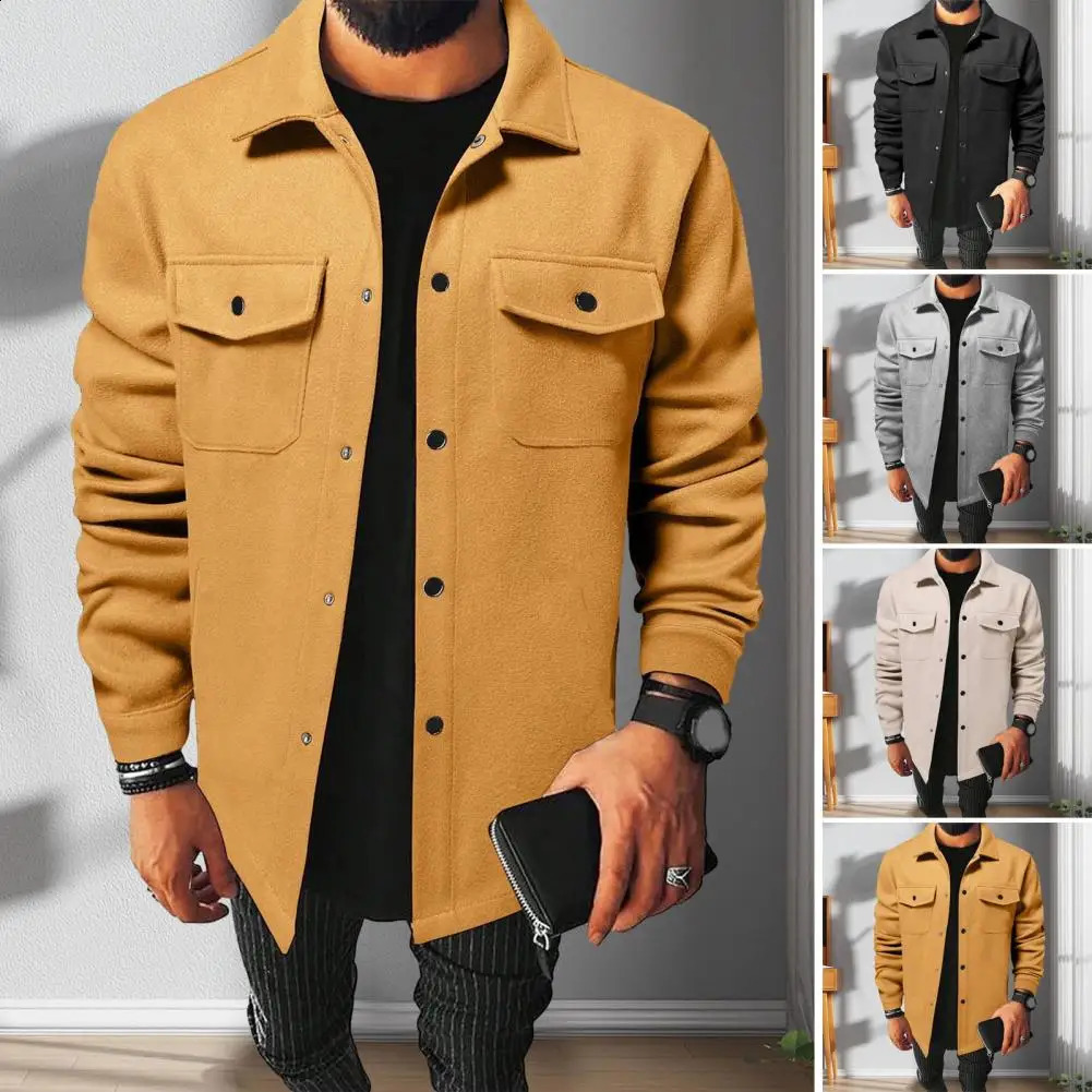 Men Button-down Shirt Jacket Mens Solid Color Lapel Shirt Jacket Autumn Winter Long Sleeve Casual Coat with Flap Pockets Single 240815