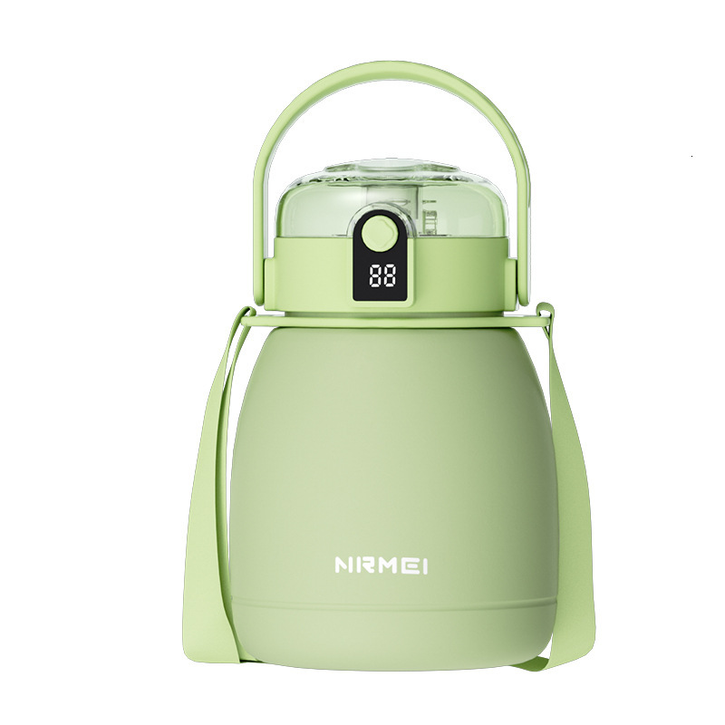 Stainless steel intelligent insulated cup, large capacity children's water kettle, high aesthetic value, internet celebrity, straw, big belly cup