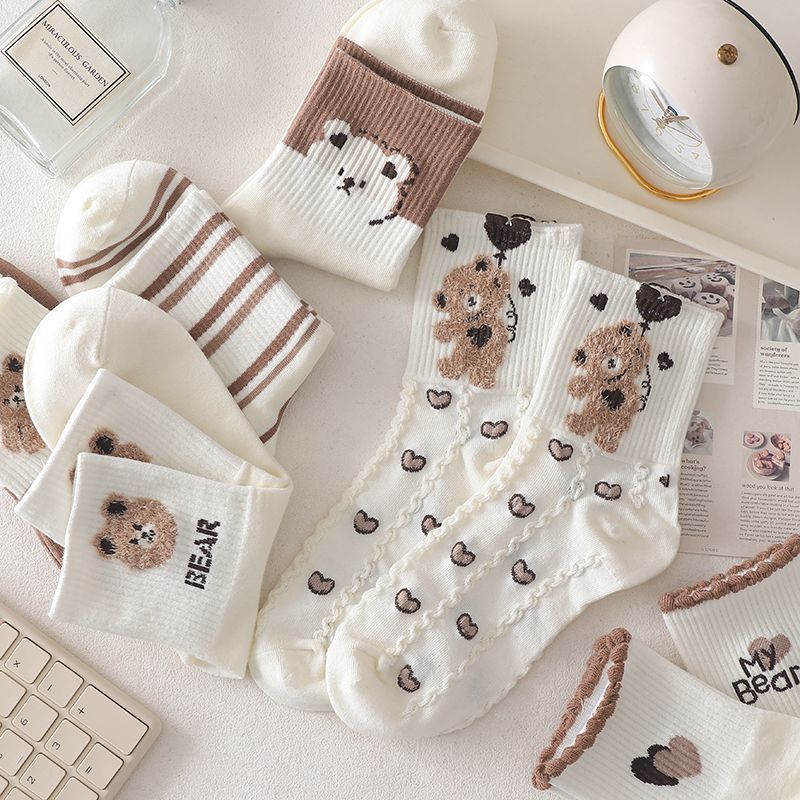 Coffee colored teddy bear socks children's mid tube ins trendy Korean version cotton socks Japanese cute student sports autumn and winter long so