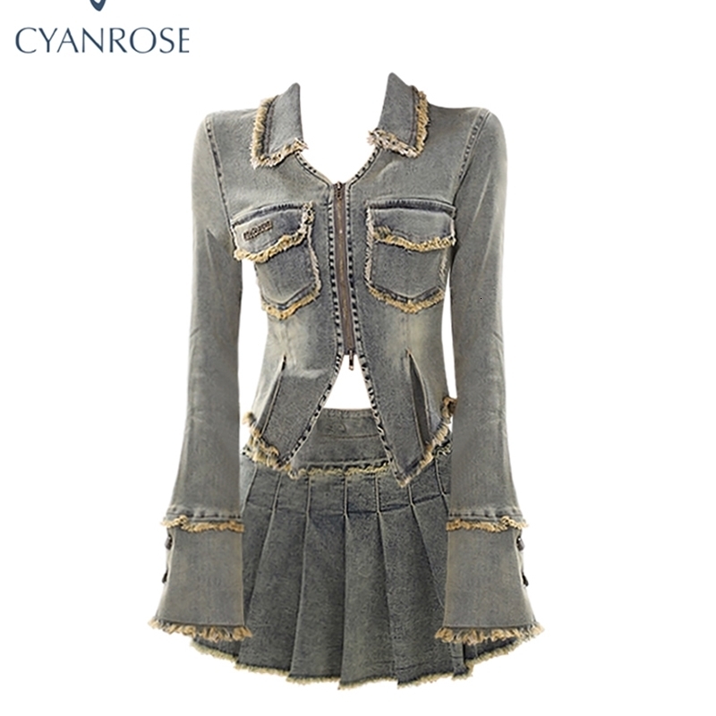 Womens Two Piece Suit Vintage A-Line Mini Denim Skirt and Long Sleeve Shirt Harajuku Y2k Skirt Sets 2000s Clothes Summer 240815