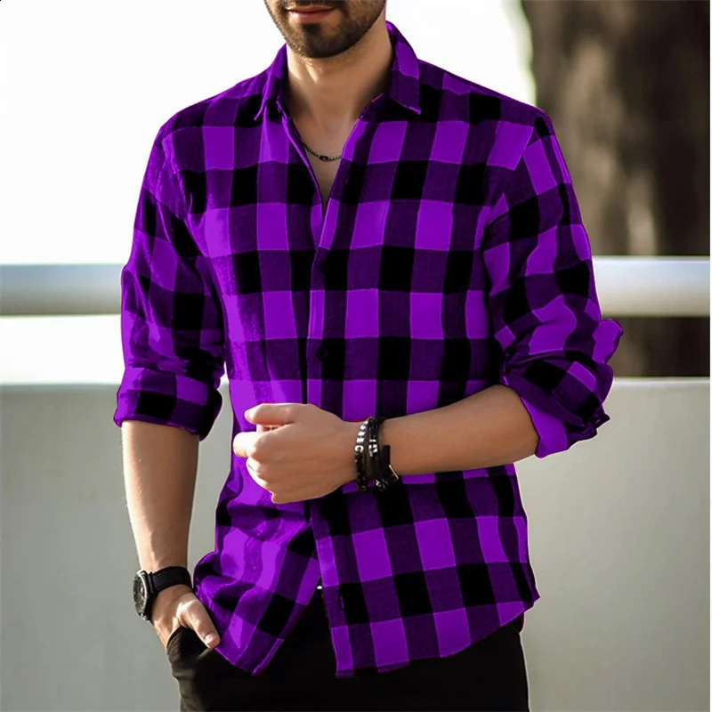 Fashion style black and white checkered shirt mens long sleeved shirt summer button up collar shirt loose casual top 240819