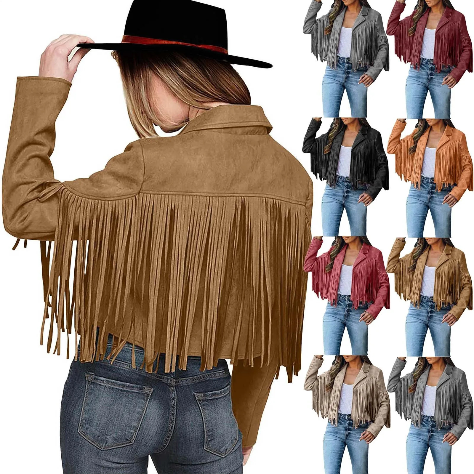 Elegant Cropped Jacket Womens Sexy Solid Color Tassels Scrub Leather Jackets Windproof Bomber Motorcycle Coats 240815