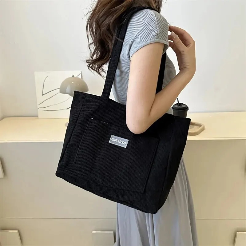 Large Capacity Shoulder Bag Trendy Corduroy Tote Solid Color Ladies Handbag With Front Pocket 240815ZYl