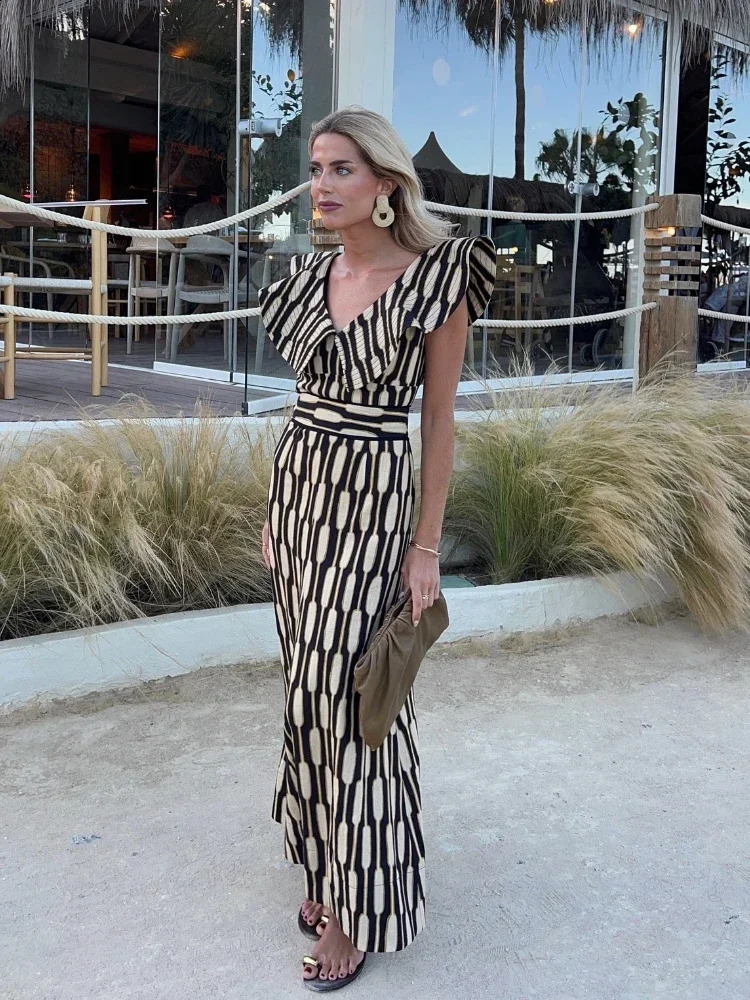 Women Fahsion Print V Neck Flying Sleeves Top Suit Female Fashion High Waist Aline Skirt 2024 Summer Lady Street Outfits 240816