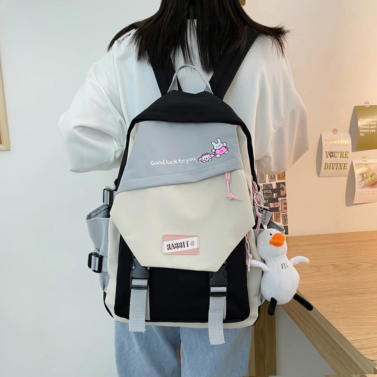 School bag womens Korean style simple high school student trend fashion school bag backpack trend gift duck pendant 240816