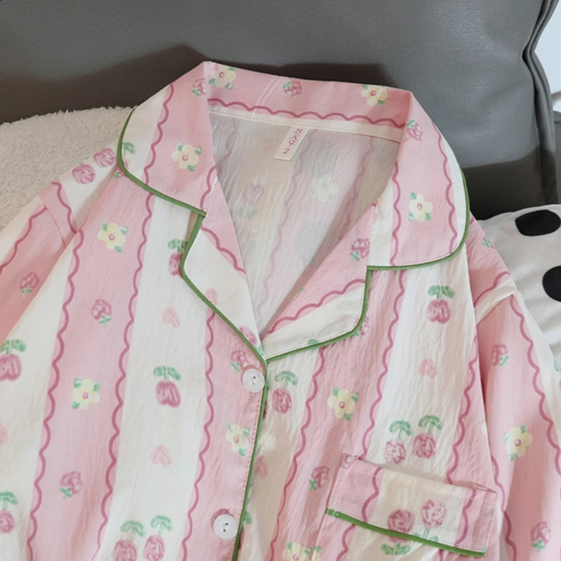 Print Flower Soft Thin Womens Pajama Set Autumn Casual 2 Pieces Full Length Sleepwear for Sleeping Home Suits 240815