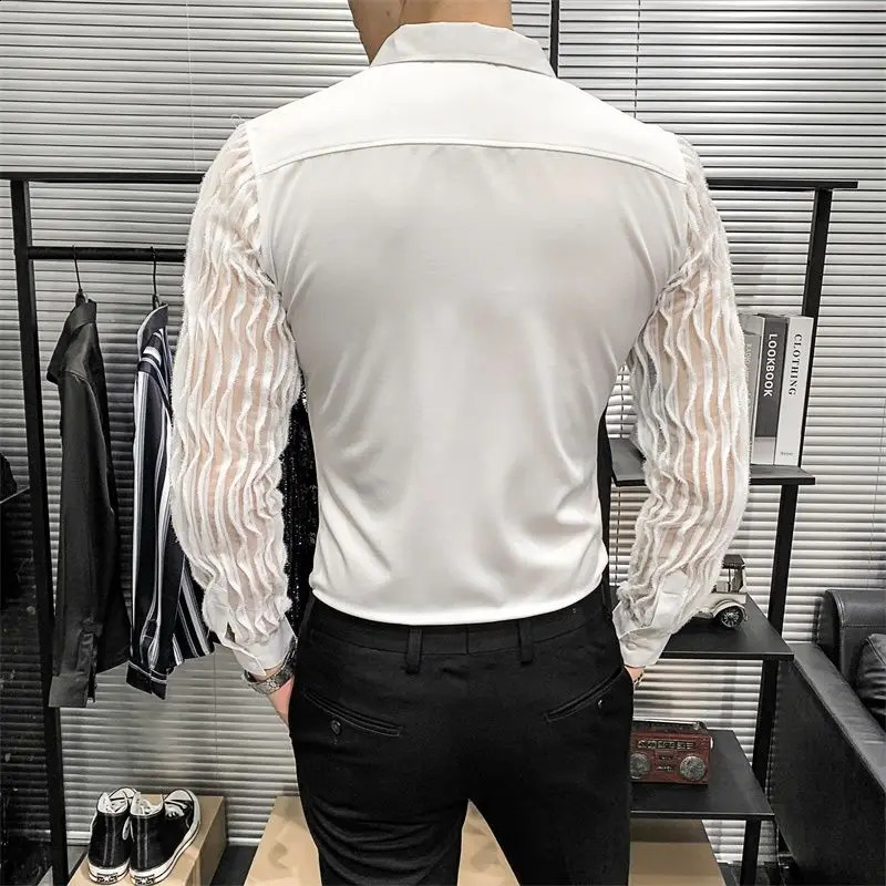 Sexy Tassels Groomsman Shirt Long Sleeve Lace Party Bar Casual Spring Autumn Outdoor Collared Dance Korean Men Blouses 240816