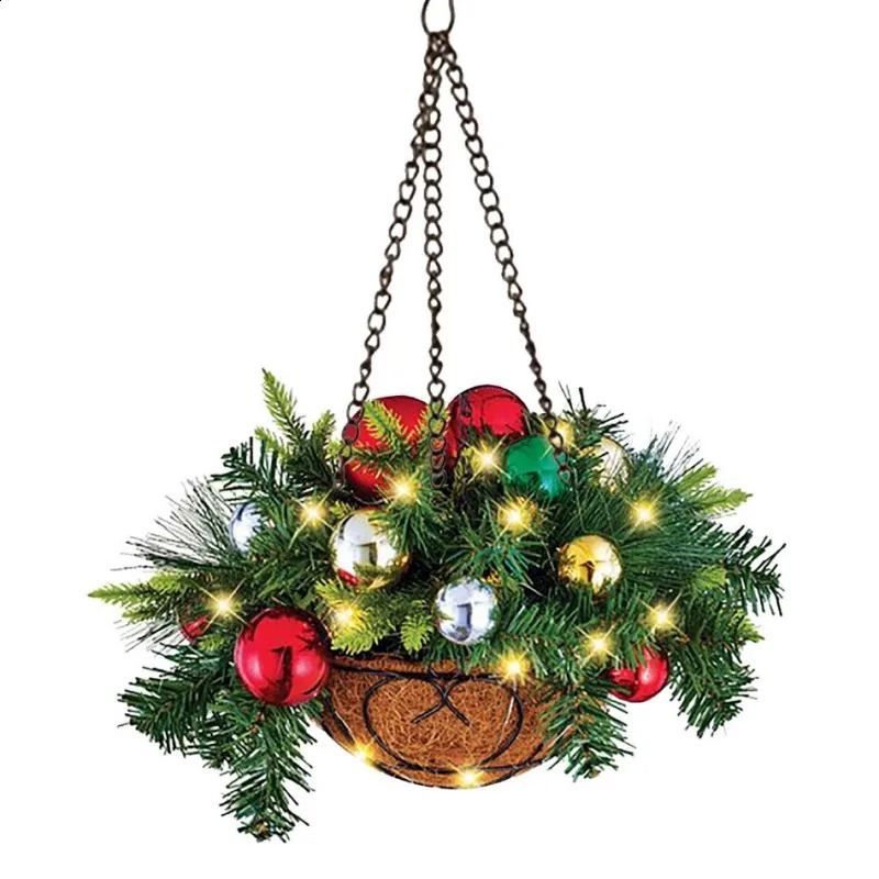Christmas Wreath Artificial Hanging Flower Basket Garland with LED Light Red Berries Pine Cone Home Decoration Navidad Xmas Gift 240815