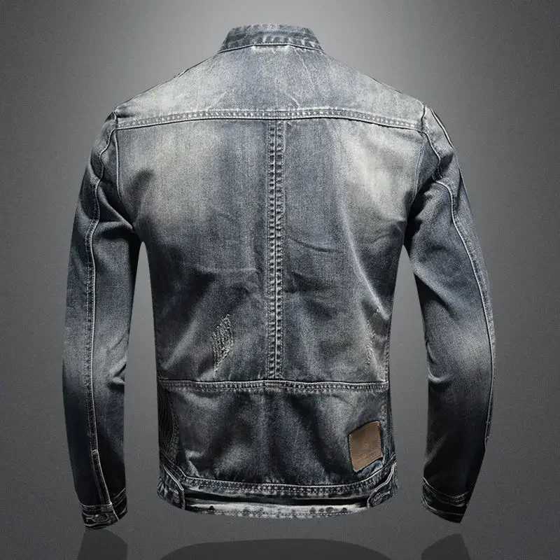 New mens denim jacket trend retro fashion casual stand up collar zipper jacket handmade cyclist clothing denim top W241011