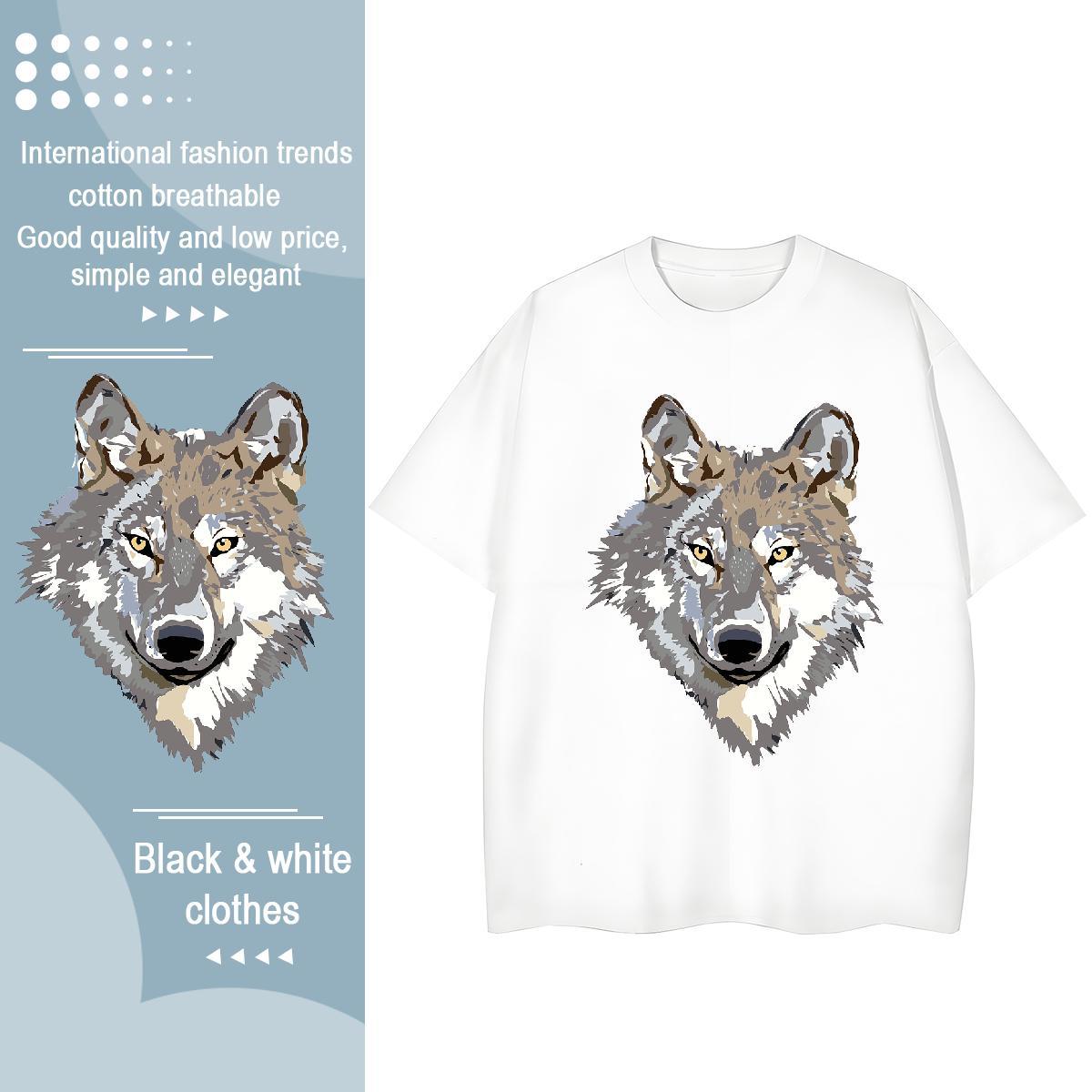 Casual New T shirt Breathable Short Sleeve 230g Cotton Unisex Tshirts Cartoon Floral Printing wolf Street Casual Comfortable Clothes