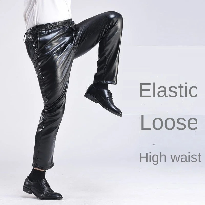 Spring Autumn Men Pants Smart Casual Male PU Faux Leather Trousers Plus Size Oversize 240816