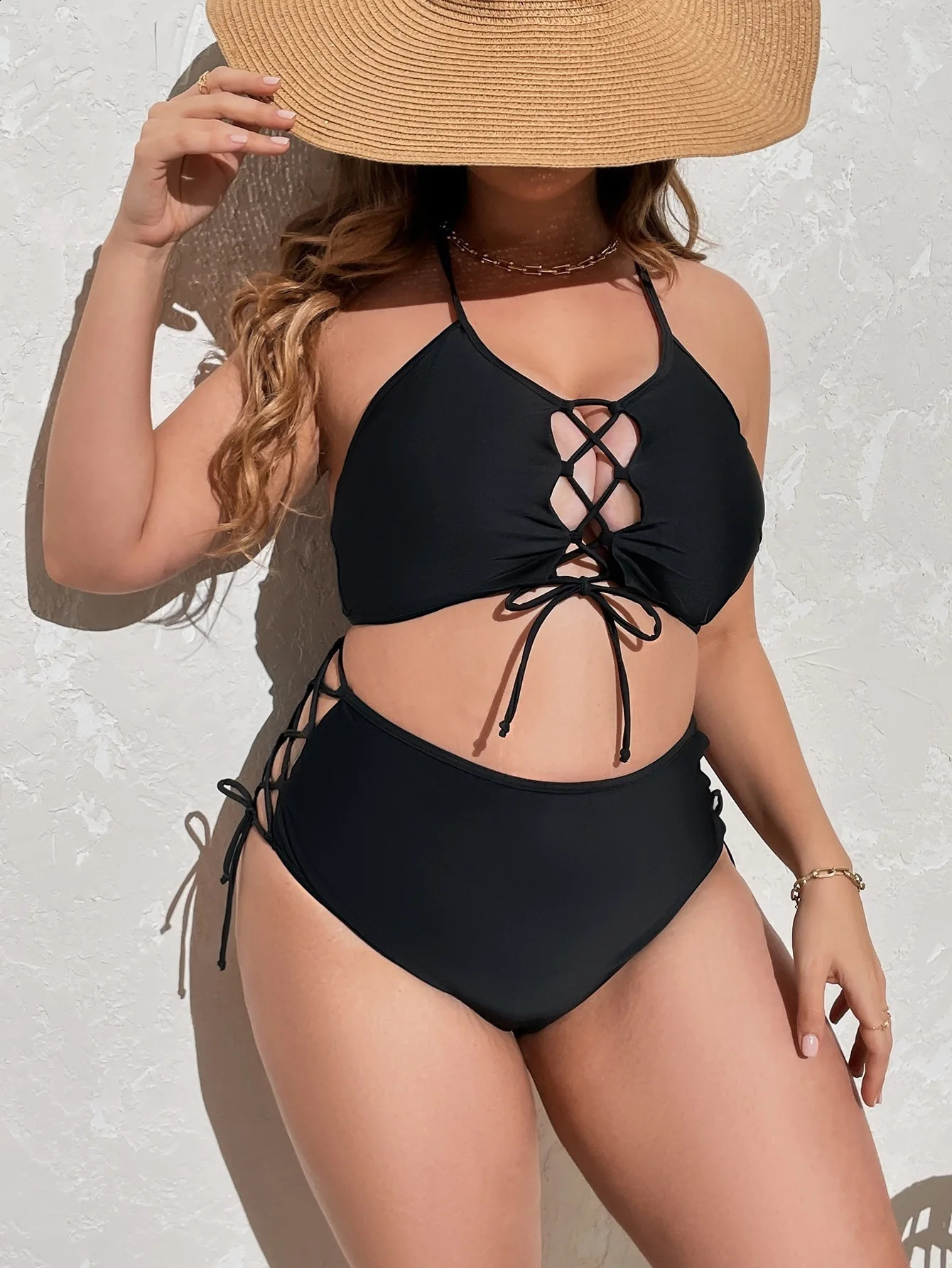 Plus Size Bikini Set Swimwear Women Sexy Swimming Black 2-Piece Swimsuit Push Up High Waist Beach Bathing Suit Monokini 240813