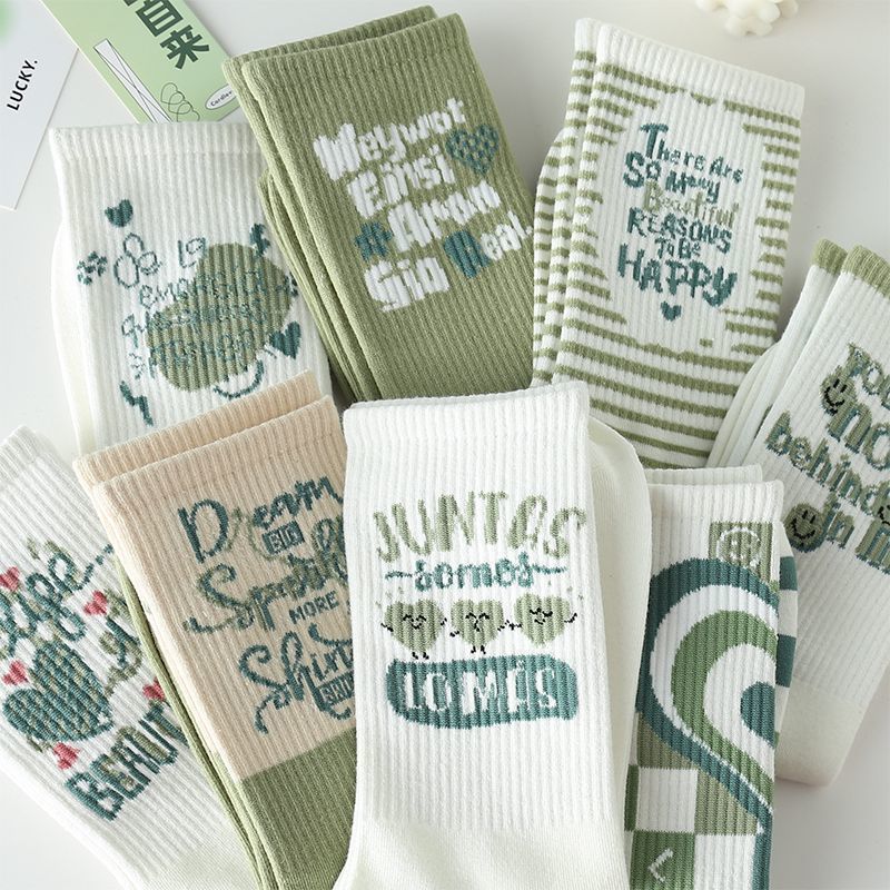 Ins Trendy Japanese Styles - Women's Long White and Green Sports Socks for Students