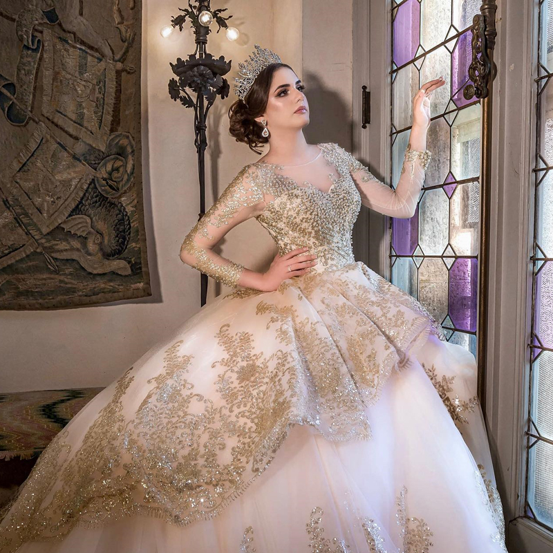 Champagne Shiny Quinceanera Dress Ball Gown Long Sleeves Gold Lace Applique Pearls Ruffles Corset Sweet 16 Vestidos De XV 15 Anos
