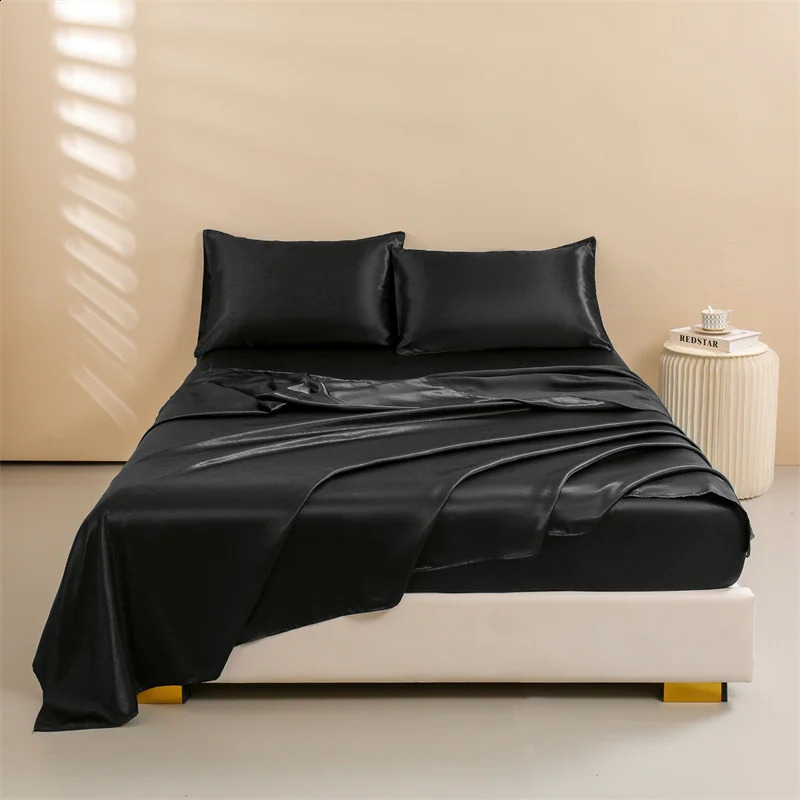 Satin bed sheet large bed sheet set 4-piece silk bed sheet set 1 deep pocket fitting bed sheet1 flat bed sheet2 pillowcases 240816