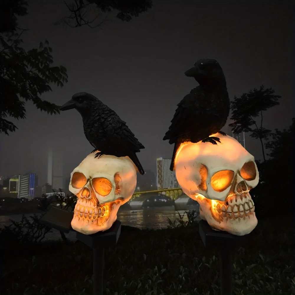 1Pcs Solar Resin Halloween Crow Skull Light Outdoor Waterproof LED Light Balcony Holiday Lawn Lamp Garden Decor Decorative Y240816